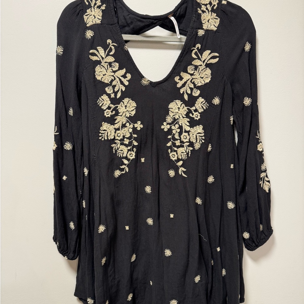 Free People Black Long Sleeve Dress with Cream Floral Embroidery